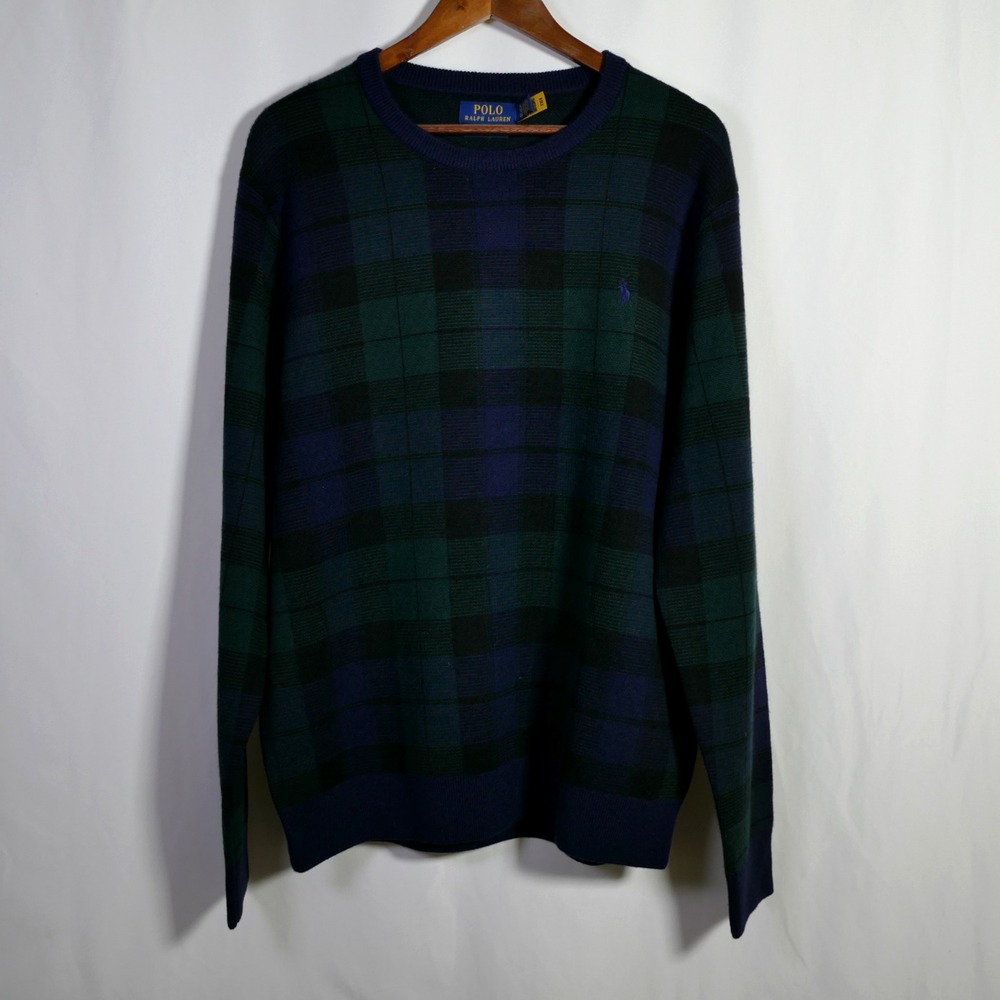 Polo Ralph Lauren Merino Wool Black Watch Plaid Sweater Size XL Washable Preppy